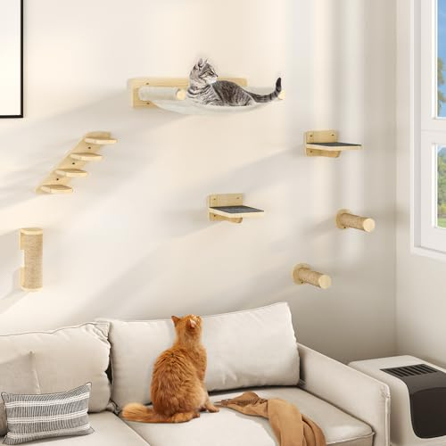 YITAHOME 7 PCS Estante de Escalada para Gatos Montado en La Pared, Muebles de Pared de Madera para Gatos Árbol para Gatos con 3 Columnas Cubiertas de Sisal/Escalera de 4 Escalones con Rascador/Hamaca