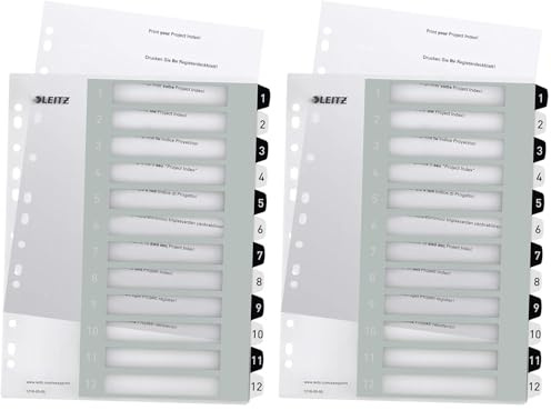 Leitz Register für A4, PC-beschriftbares Deckblatt und 12 Trennblätter, Taben mit Zahlenaufdruck 1-12, Überbreite, Weiß/Schwarz, Polypropylen, WOW, 12160000 (Packung mit 2)