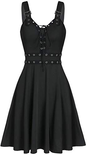 Generic Damen Gothic Punk Kleid, Schwarz, M (Midi), Knielang, V-Ausschnitt, Sommer, Halloween, Kostüm, Kleid