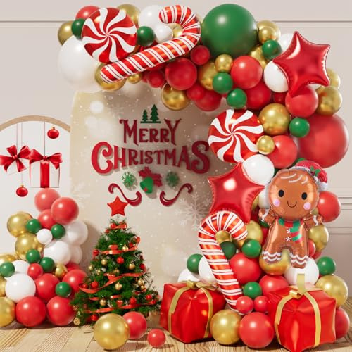 Christmas Garland Arch Kit with 126pcs Balloons - Red, Green, White, Gold; Includes Gingerbread Man, Red Star and Candy Cane Balloons for Party Decorations