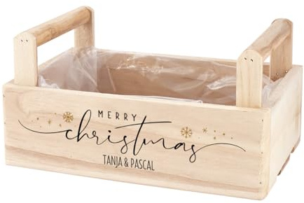 Herz & Heim® Pflanzkorb als Deko- oder Verpackungsaccessoire zu Weihnachten/mit Motiv und Wunschtext personalisiert (2 Griff - Merry Christmas Schneekristall)