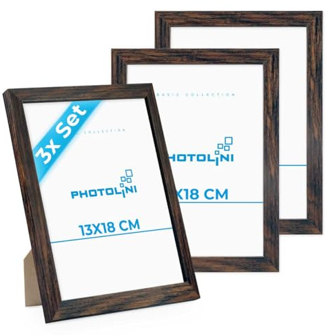 PHOTOLINI 3er Bilderrahmen 13x18 Eiche Dunkel, Bilderrahmen 13x18 Holz MDF, Fotorahmen 13 x 18 mit Acrylglas, Bilder Rahmen 13 x18 Aufhängen & Aufstellen, Picture Frame mit Zubehör für Fotos, Poster