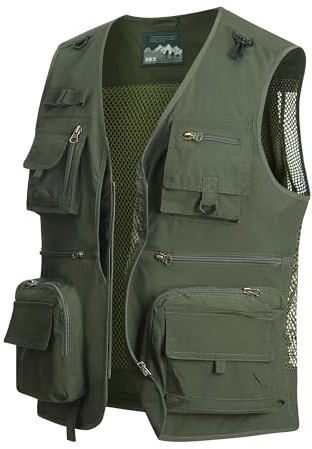 MeiLayM Uomo Multi-Tasca Giacca da Lavoro Sport Gilet Leggero Traspirante Asciugatura Rapida, Verde Militare, 4XL