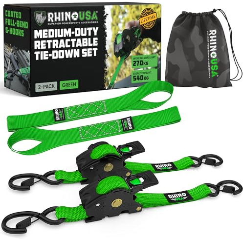 Rhino USA Sangles à Cliquet Automatique (Lot de 2) 2,5cm x 3m - 540kg | 540kg Résistance à la Rupture, Sangle Automatique Auto-Rétractable. Pour Camion, Remorque, Moto & UTV. Vert