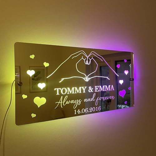 Personalised Valentines/Anniversary LED Mirror | Valentines Gift | Anniversary | Custom Name & Date Gift - Romantic Wall Decor | Wedding, Or Annniversary Keepsake