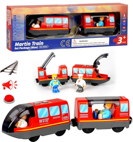 Eisenbahn Elektrische lok Holzeisenbahn Zug (Magnetanschluss), Batteriebetriebenes Zugset, Leistungsstarker Motorzug Kompatibel mit Thomas, Brio, Chuggington, Empfohlen ab 3 Jahren, Rot