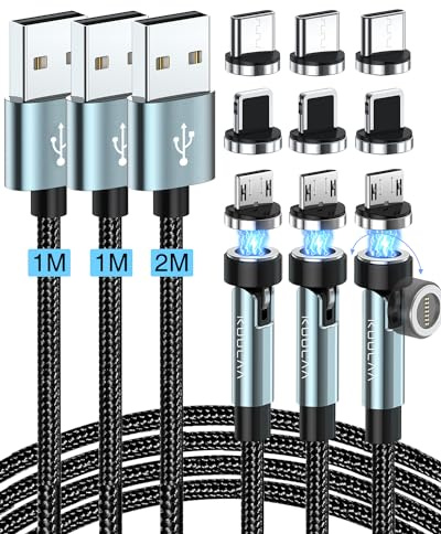 Kuulaa 3 in 1 Magnetisches Ladekabel, 360°&180° mit 3A Schnelllade & Datenübertragung für Micro USB/Typ C/iProducts/Huawei (1M+1M+2M)