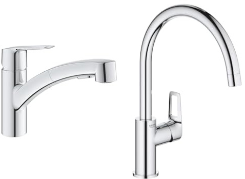 GROHE QUICKFIX Start Robinet de Cuisine évier, Douchette extractible, Inverseur 2 jets, Rotation 90° & Mitigeur Monocommande Evier Bec C Bauloop 31368001 (Import Allemagne) Chromé