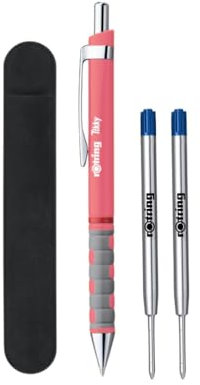 rOtring Tikky Pastell-Kugelschreiber-Set, blaue Tinte, mittlere Spitze, leicht, mit gummiertem Griff, 2 Ersatzminen + Samtstiftetui, 4 Stück