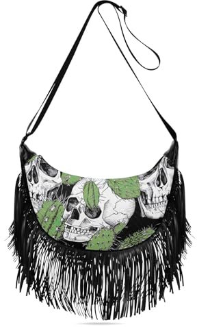 GAIREG Bunte Fransen-Tasche, Crossbody-Tasche, Quaste, Crossbody-Tasche, Western-Geldbörse, Crossbody-Tasche, Cowgirl-Tasche, Totenkopf Green Cactus