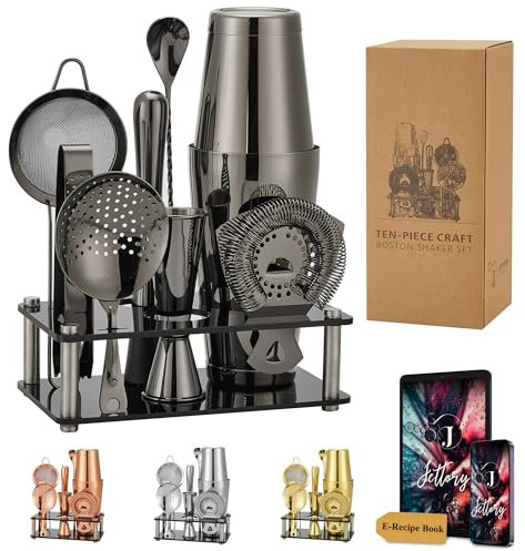 Jettory Boston Shaker Set – 10-teiliges Edelstahl Cocktail Shaker Set mit Acryl-Basis, Barsieb, Eiszange, Barlöffel, Messbecher, Stößel – Perfekt für die Hausbar (Schwarz)