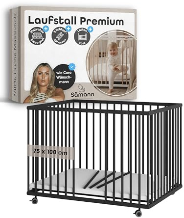 Sämann Laufstall Baby mit Matratze SleepPlus, Lattenrost und Schlupfsprossen | stufenlos höhenverstellbar | Laufgitter Premium | Babybett aus Holz | Krabbelgitter (schwarz, 75x100 cm)