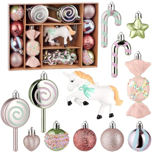 BRUBAKER 24 Stück Einhorn Christbaumschmuck - Süßes Weihnachtskugel Set | mit Lollis, Süßigkeiten, Bonbons, Zuckerstangen und bunte Kugeln in Pastellfarben - Baumschmuck für Frauen und Mädchen