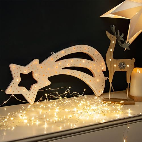 hellum Weihnachtsdeko Fenster Sternschnuppe innen warmweiß mit Stecker | Weihnachtsstern warmweiß 35 Lichter, Weihnachtsbeleuchtung Fenster zum Aufhängen, Kabel weiß 42x23,5cm <59lm 152470