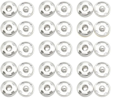 15 Sets Sew-on Snap Buttons, Metal Press Studs Snap Fasteners for Clothes, Purses, Handbags & DIY Craft Sewing Projects (15mm) - Snap Buttons & Studs for Clothing Included (Silvery)
