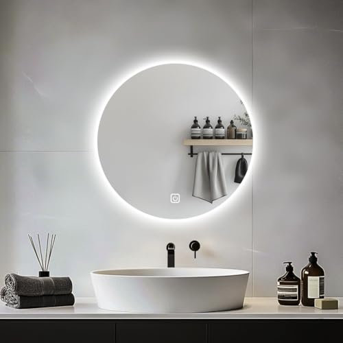 JAMUBOCHE LED Bathroom Mirror For Over Sink, 50CM Electric Round Vanity Mirror With Backlit Lights For Shower Shaving, Fogless Wall Mounted Dimmable 3 Color Lighting, IP54
