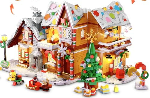 HOGOKIDS Set de Construcción Casa de Jengibre de Navidad 3 Estilos con Luces – Castillo Pueblo Navideño 2025 con Papá Noel, Árbol de Navidad, Tren y Regalos, 1421 Piezas, para Adultos y Niños 8+