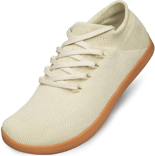 Raoendis Women Trainers Wide fit Barefoot Shoes, Trail Running Barefoot Trainers Zero Drop Minimalist Mesh Sneakers for Outdoor Gym Sports Taupe Size 8