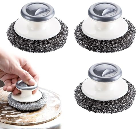 3Pcs Metal Scourer with Handle – Heavy Duty Stainless Steel Scrubber Cleaner for Kitchen Pots, Pans, Grills, Sink – Durable Wire Scouring Brush for Deep Cleaning
