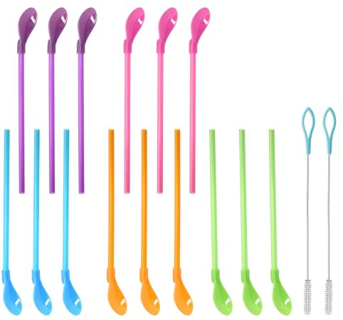 Godneei 15 Pailles Réutilisables en Plastique avec Cuillère, Pailles Cocktail 2-en-1 pour Milkshakes, Slushies et Boissons, Pailles Réutilisables Colorées