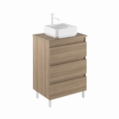 AMIZUVA – Conjunto de Mueble de Baño y Lavabo, de Cerámica, con 3 Cajones y Encimera, Modelo Kena Top, Medidas, 60 cm de Ancho, 74 cm de Alto, y una Profundidad de 45 cm, en Acabado Nogal