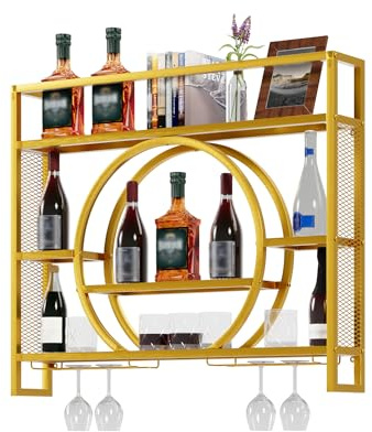 UEV Porte-Verre à Vin en Métal 100cm, Porte Bouteille Mural Industriel, Casier à Vin, avec Lumière LED de 15 Couleurs, Range Bouteille Vin, pour Salle à Manger, Cuisine, Bar (Or, 100x15x80cm)
