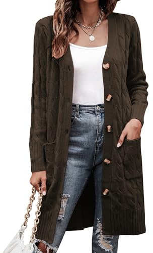 Aottori Cárdigan Mujer Punto Largo Manga Larga Suéter Chaqueta Botones Bolsillos Suéter Chaqueta Casual Elegante Abrigo Frente Abierto Otoño Invierno Marrón Oscuro XL