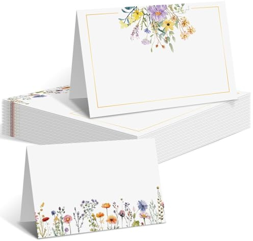 Xinfin 50 Stück Blumen Thema Tischkarten Geburtstag Platzkarten | Tischkarten zum selbst Beschriften 8.5 x 5.5 cm Namenkarten für Hochzeit Geburtstag Kommunion Feier Gäste