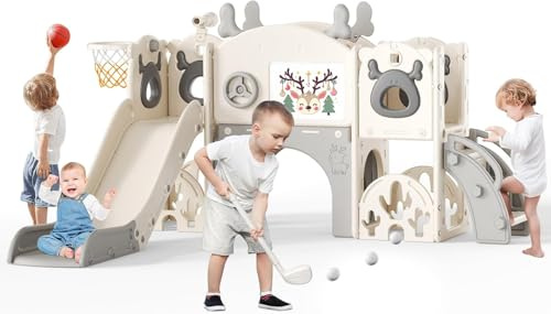 Toboggan pour enfant, grand toboggan avec panier de basket, cadre d'escalade pour le jardin, télescopique, espace de rangement (toboggan d'élan 7 en 1 - beige gris)