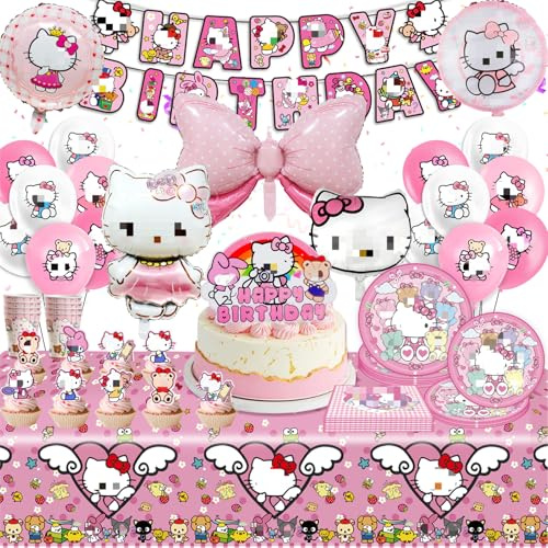 Pappteller Kindergeburtstag Deko, 100 Stück Ki-ty Partygeschirr Set, Kity Geburtstag Deko, Rosa Geburtstagsdeko Mädchen, Luftballon Teller Servietten Tassen Tischdecke Banner Tortendeko
