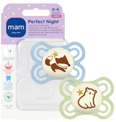 MAM Perfect Night Schnuller, 0-6 Monate, Fuchs/Bär, 2 Stück | Beugt Zahnfehlstellungen vor, leuchtender Knopf, SkinSoft Silikon, inkl. Sterilisierbox, BPA/BPS-frei