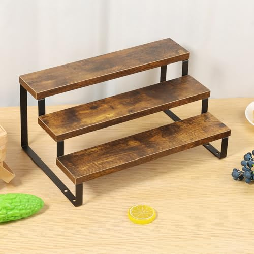 Ghshanog 3 Tier Wooden Display Stand,Retail Display Riser,Tiered Perfume Organizer Stand,Rustic Spice Rack Cupcake Riser,Multifunction Shelf for Cosmetics, Craft,Figure,Jewelry,Collections(3-Tier)