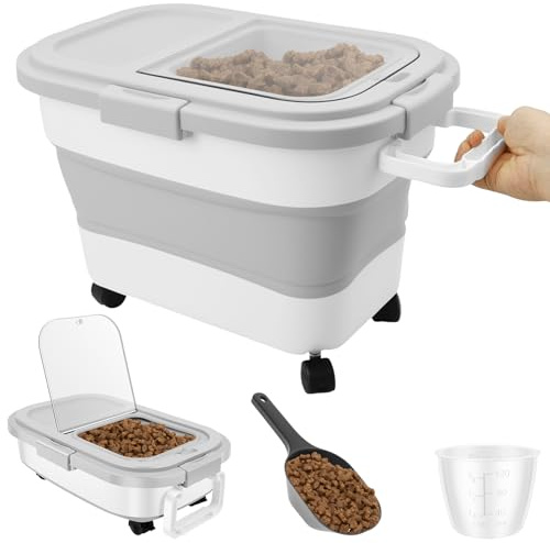 LOUJINGREO Dog Food Container, Collapsible Dog Food Containers with Four Detachable Wheels Keeps Up To 15 KG, Pet Kibble Container Kitchen Cereal Flour Rice Leakproof Dry Holder