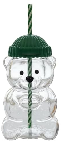 Ejoyous Bären Strohbecher, 590 Ml Bär Glas mit Deckel und Strohhalm Transparenter für Kaffee, Milch, Tee, Getränke