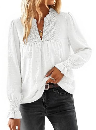 HEEKPEK Långärmad damtröja blus boho v-ringade toppar elegant lös spets rörvolang tunika långärmad elastisk muddar topp ledig flödande blusar