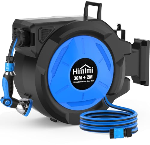 Retractable Garden Hose Reel 30m + 2m, Wall Mounted Hose Pipe Reel with Slow Auto Rewind, Any-Length Lock, 180° Swivel Bracket, 10-Pattern Spray Gun, UV Resistant Water Hose Reel for Garden