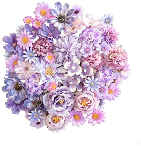 Lokideer 60 Stück Kunstblumen zum Basteln, Blumen zum Basteln mit 18 Stilen, künstliche Blütenköpfe in Lila, Seidenblumen Blumenköpfe für DIY Tortendeko, Scrapbooking, Hochzeit, Home Dekoration