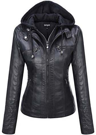 Springrain Women's Faux Leather Jacket Moto Biker Coat with Detachable Hood Motorcycle Jacket (X-Large, Black)