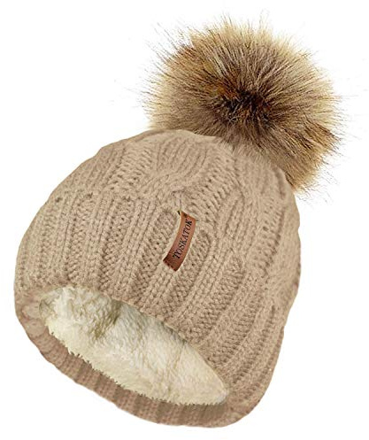 TOSKATOK Damen Chunky weichen Kabel Stricken Hut mit gemütlichem Fleecefutter und abnehmbarem Kunstpelz Pompom