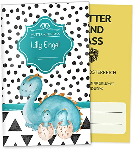 OLGS Mutterkindpasshülle Österreich - Personalisierbare 3-teilige Schutzhülle für Muki-Pass mit Ultraschallbildfach - Dino Motiv