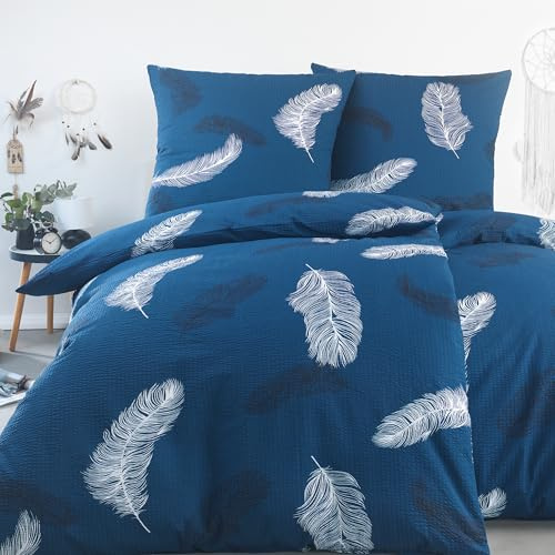 BaSaTex Seersucker Bettwäsche Set, 4-TLG., 135x200 cm, Federn Blau | Seersucker Baumwolle, Öko_Tex Zertifiziert, Bettgarnitur mit Struktur, Reißverschluss