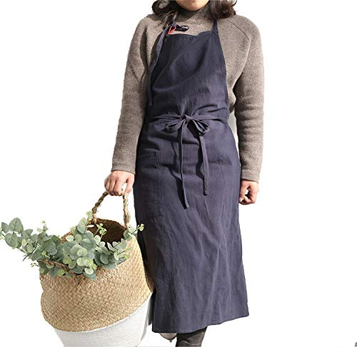 Uheim Hochwertige Schürze aus Leinen, Einheitsgröße, verstellbare Küchenschürze mit großer Tasche, 9 Farben für Damen und Herren, Kittel für Frauen, japanischer Koch-Stil, Schürze für Köche(Navy blau)