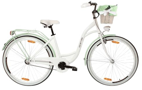 Goetze Style Damen Citybike 26/28 Zoll, Retro Fahrrad mit 3-Gang | 17/18 Zoll Tiefeinsteiger, Shimano Nexus Nabenschaltung mit Rücktritt, LED-Beleuchtung, Rattankorb, Gepäckträger & Klingel