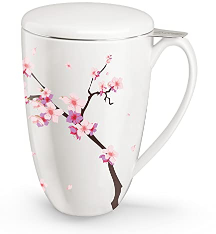 immaculife Tea Cup with Infuser and Lid for Steeping Loose Leaf Tea Bag Coffee Milk Women Office Home Gift 16oz Peach Blossoms