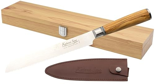 Katana Saya Olive Wood 20 cm Brotmesser, Japanischer 67-lagiger VG-10 Damaszener-Edelstahl, leicht Olivenholzgriff, Küchenmesser