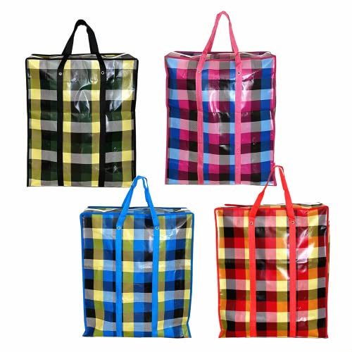 Set of 4 Extra Large Reusable Unbreakable Hard Plastic Fabric Checkered Laundry Bags with Zipper and Handles for Travel, Grocery, Laundry, Shopping, Moving ,Size:(28x23x9.5)- Colors may vary
