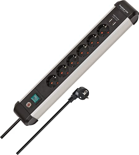 Brennenstuhl Premium-Alu-Line Steckdosenleiste mit USB/Mehrfachsteckdose 6-Fach aus hochwertigem Aluminium (Steckerleiste mit 3m Kabel und Schalter, 2-Fach USB 3,1 A, Made in Germany)