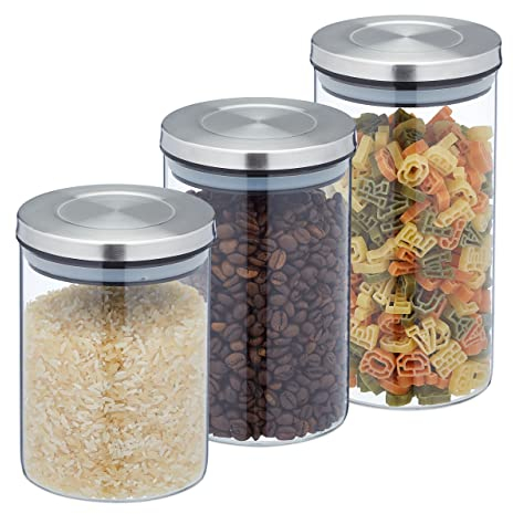 Relaxdays Botes Cristal, Set 3, Recipientes Cocina, Tapa Acero Inoxidable, Tarros Herméticos, Transparente/Plata