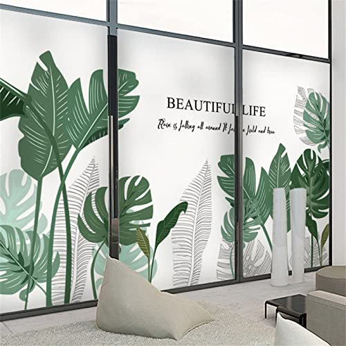 Fensterfolie Selbsthaftend Sichtschutz Glasfolie Wärmeisolierung Sonnenschutzfolie, Anti-UV Statische Fensterfolien für Zuhause und Büro Grün Pflanzen 90x200 cm