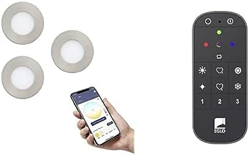 EGLO connect.z Smart-Home 3er-Set LED Bad-Einbaustrahler Fueva-Z, Ø 85 mm, inkl. Fernbedienung, Sprachsteuerung Alexa, warmweiß-kaltweiß, dimmbar, 3 Metall Einbauspots nickel-matt, IP44